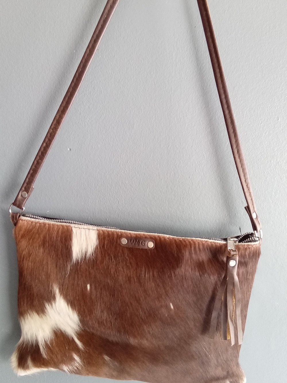 W&G Cowhide Hair on Hide Brown White Spotted Crossbody Bag Lizard Embossed
